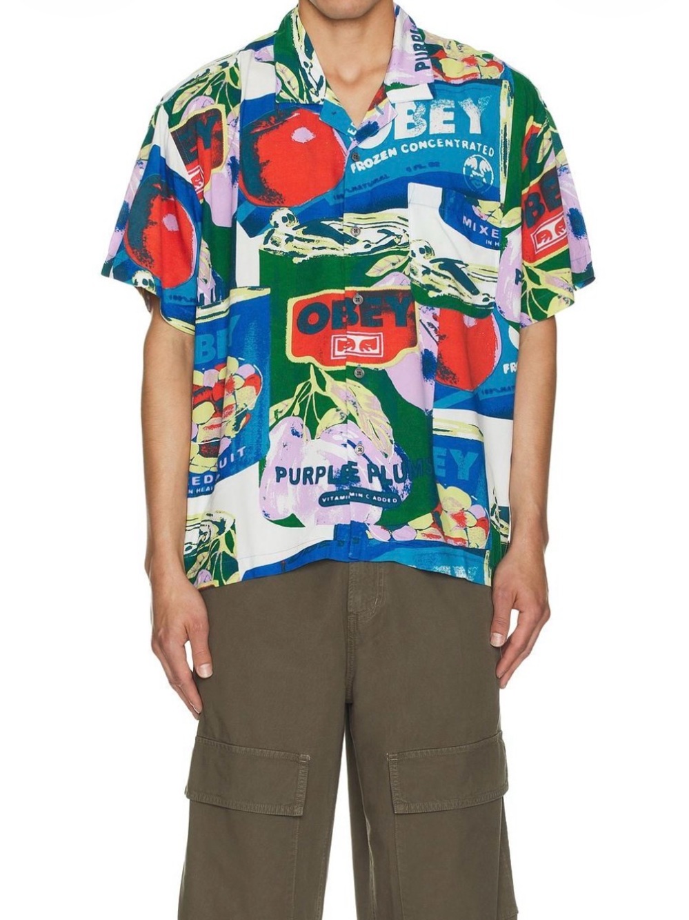 OBEY Fruit Cans Woven Button Up Shirt Colorful Retro Graphic